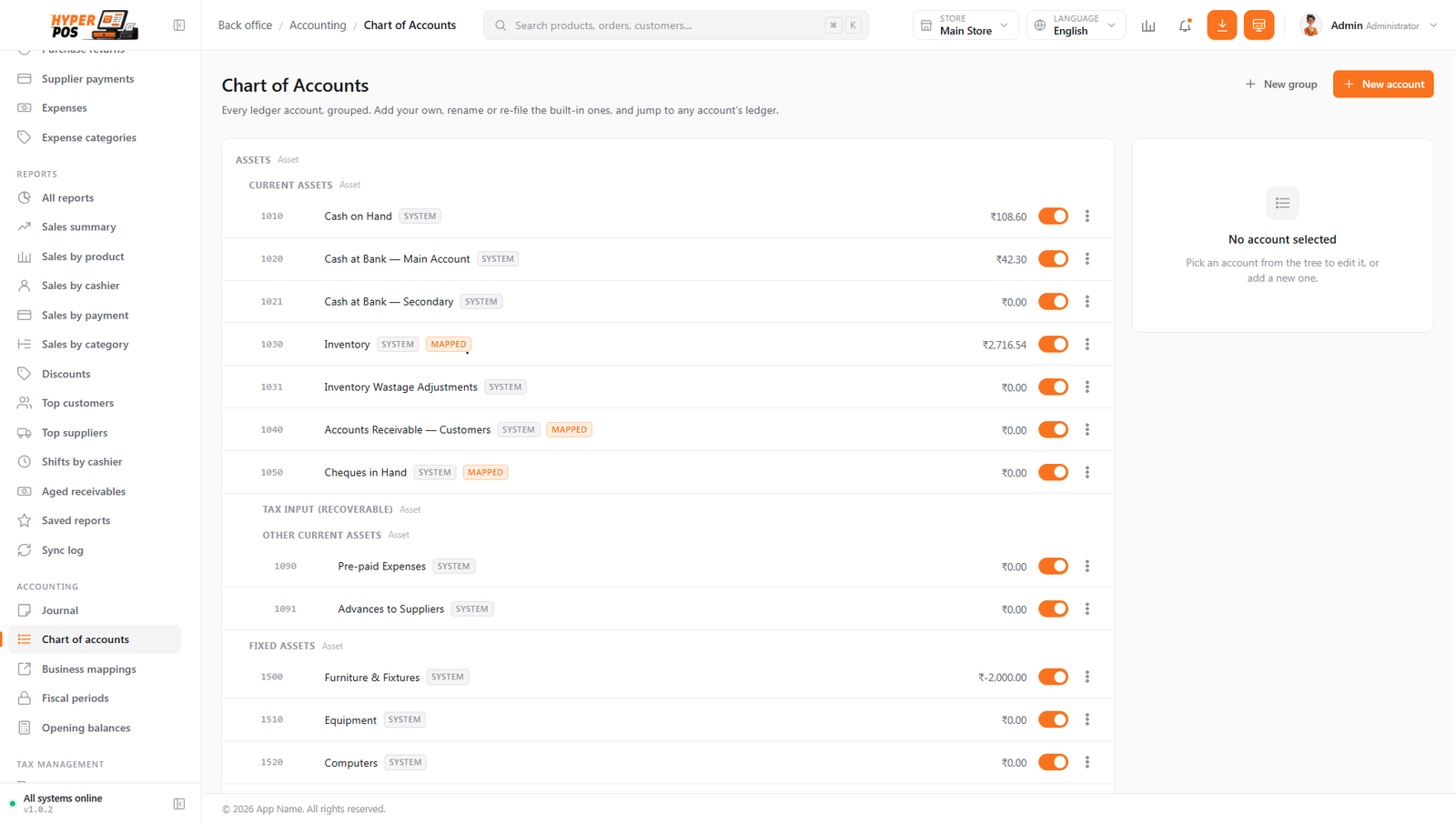 The Chart of accounts screen listing accounts grouped by type