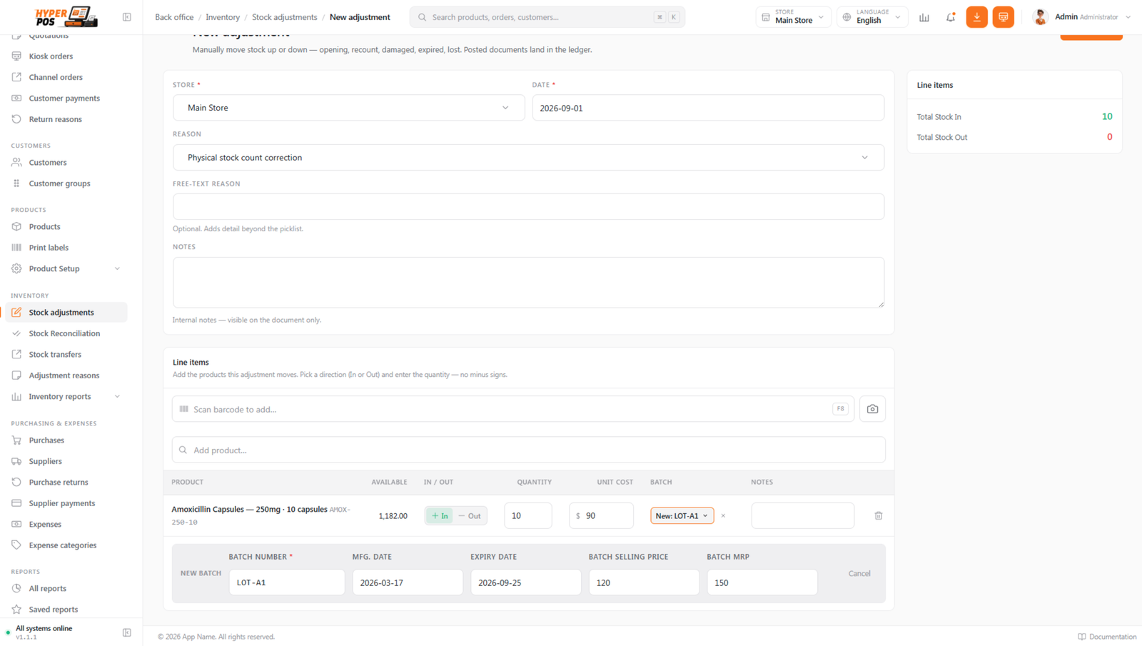 Stock adjustment In line creating a batch with cost, selling price and MRP