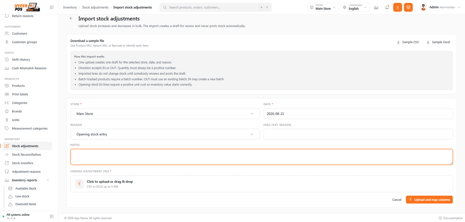 Stock adjustment import preview showing mapped spreadsheet columns and valid or invalid rows