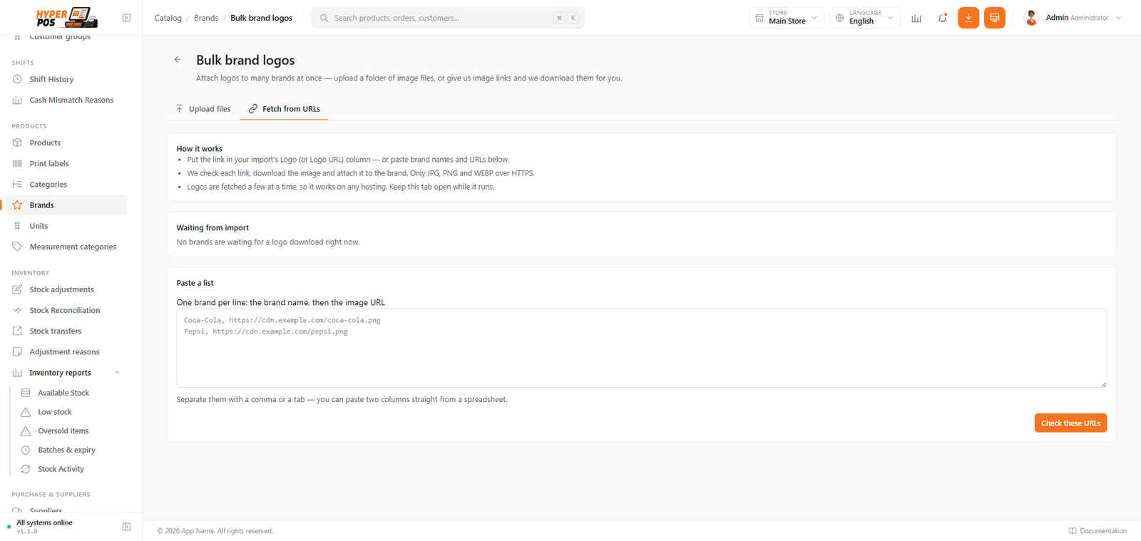 Bulk brand logos URL tab showing matched brand names, image URLs and preview results