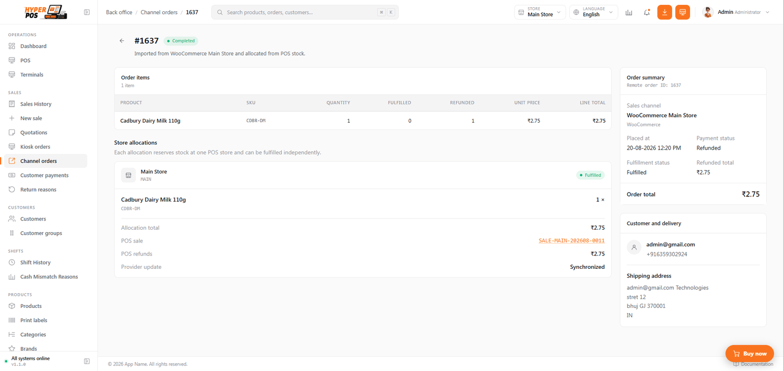 Channel order detail showing items, store allocations, fulfil button, order summary and customer address