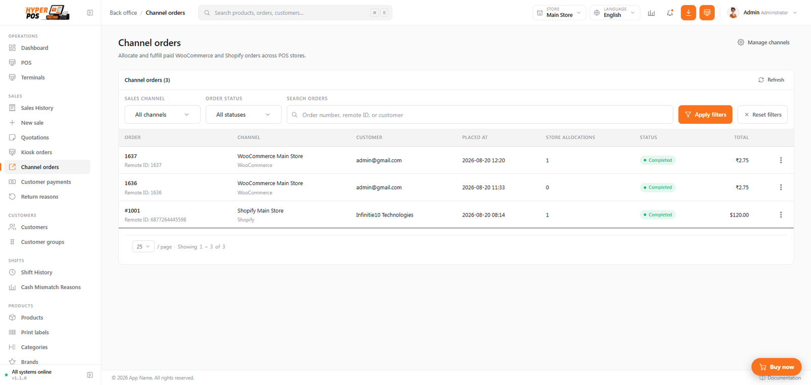Channel orders list showing provider, order number, customer, status, total and received date