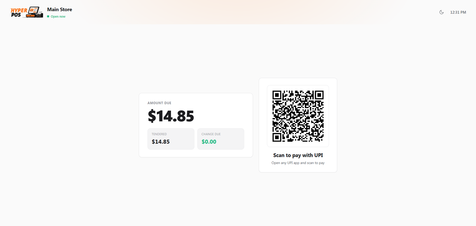 The customer display payment screen showing a UPI scan-to-pay QR code the shopper can scan from their own screen