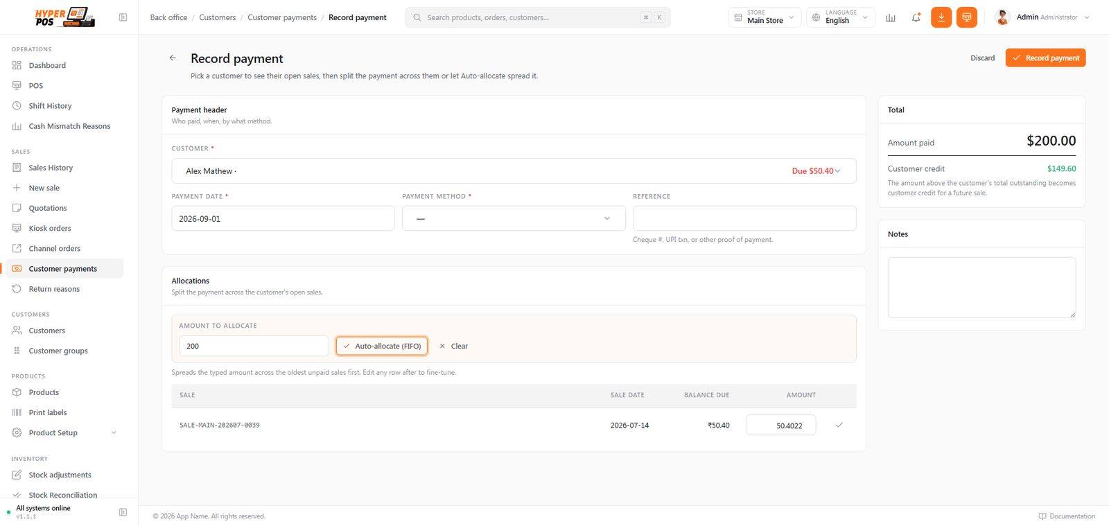 Customer payment form showing allocations and the surplus that will become store credit