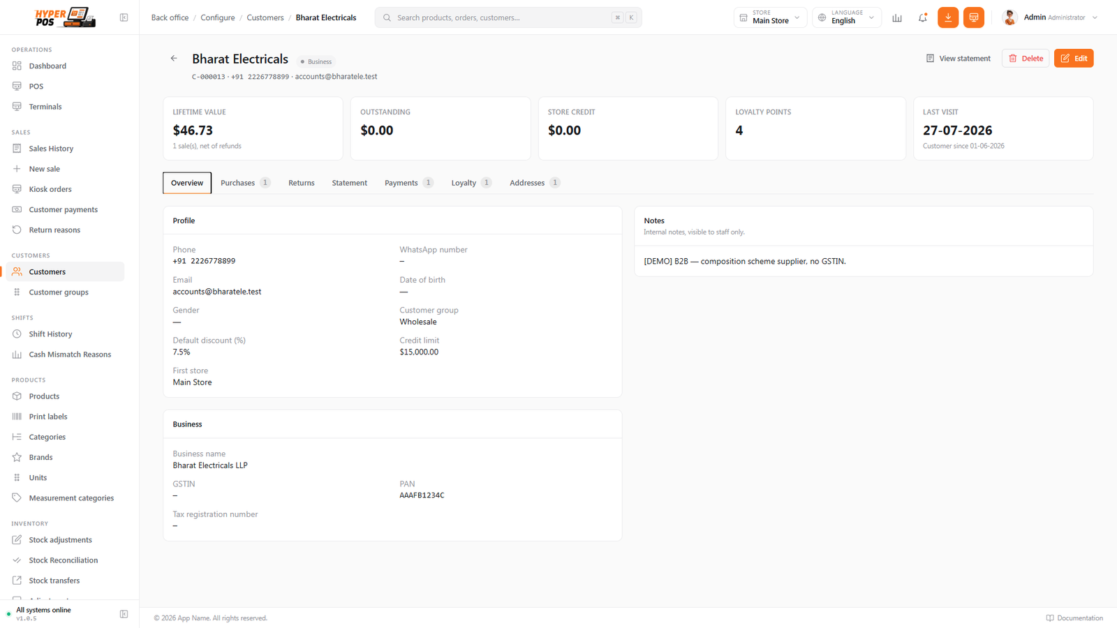 A customer's detail page with tabs for overview, addresses, purchases, payments, returns, statement and loyalty