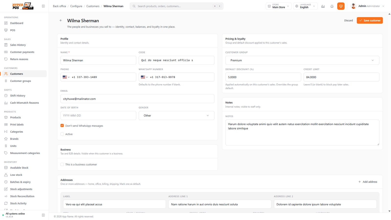 The customer edit form showing name, phone, group, discount and credit limit fields