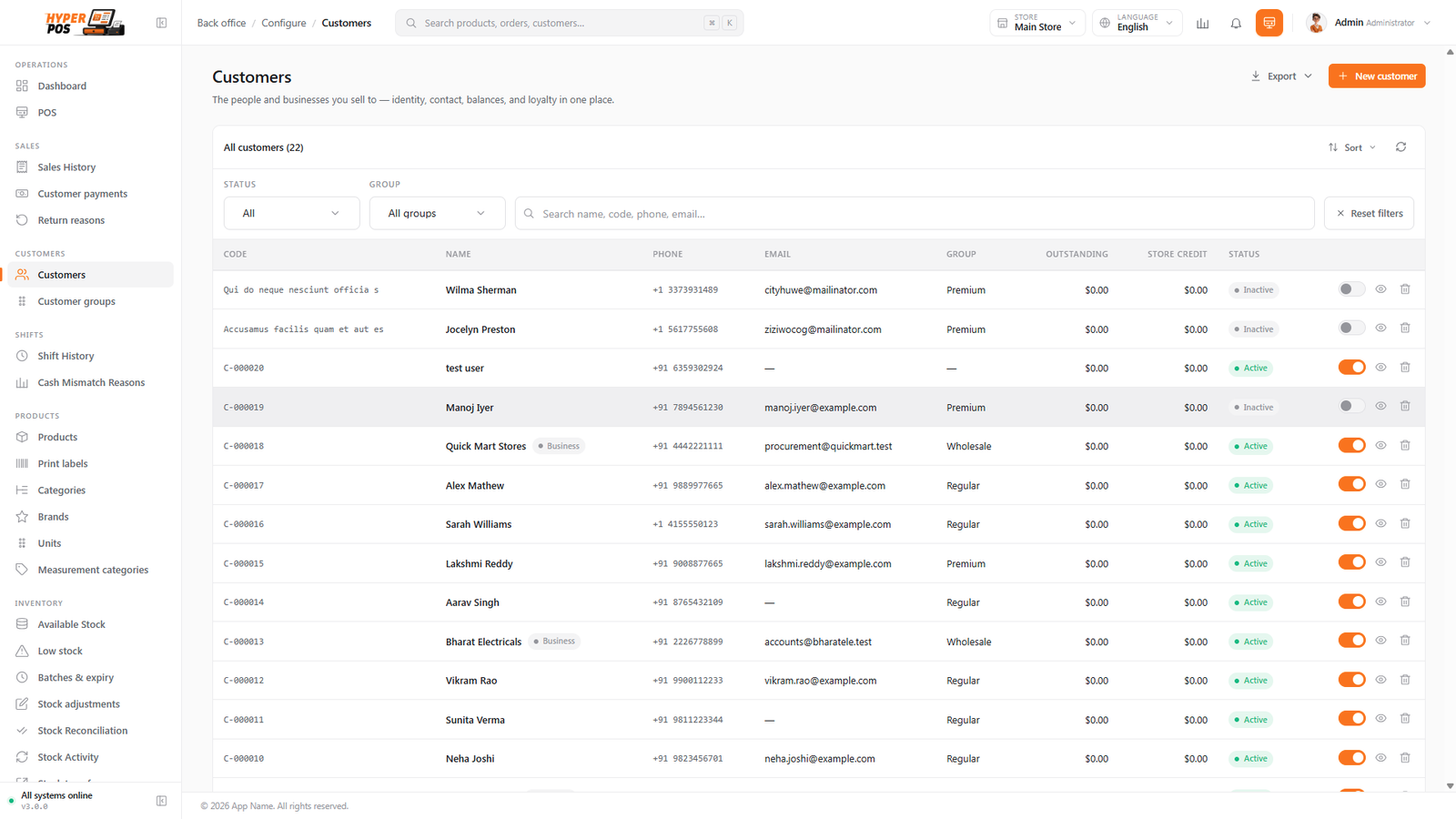 The Customers list showing names, phone numbers, groups, outstanding balances and status