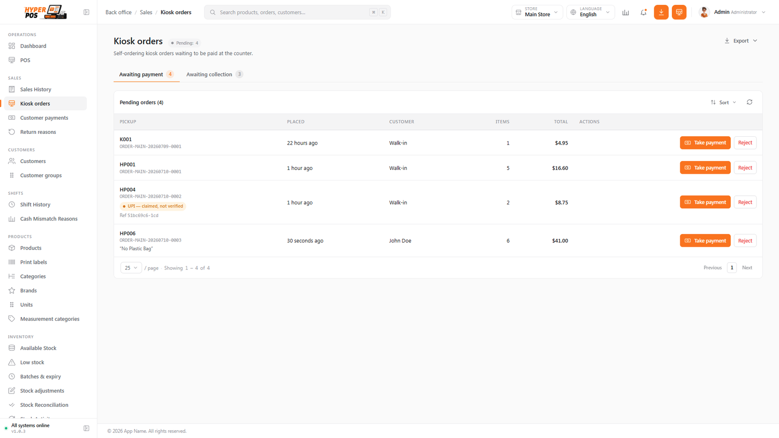 The staff kiosk orders queue listing pending orders by pickup number with a Take payment button