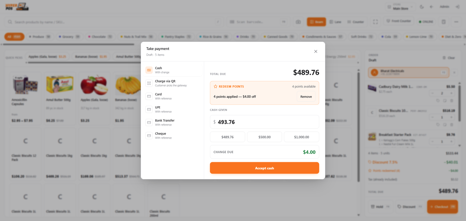 The redeem points panel in the cashier payment window showing the customer's balance and the value applied