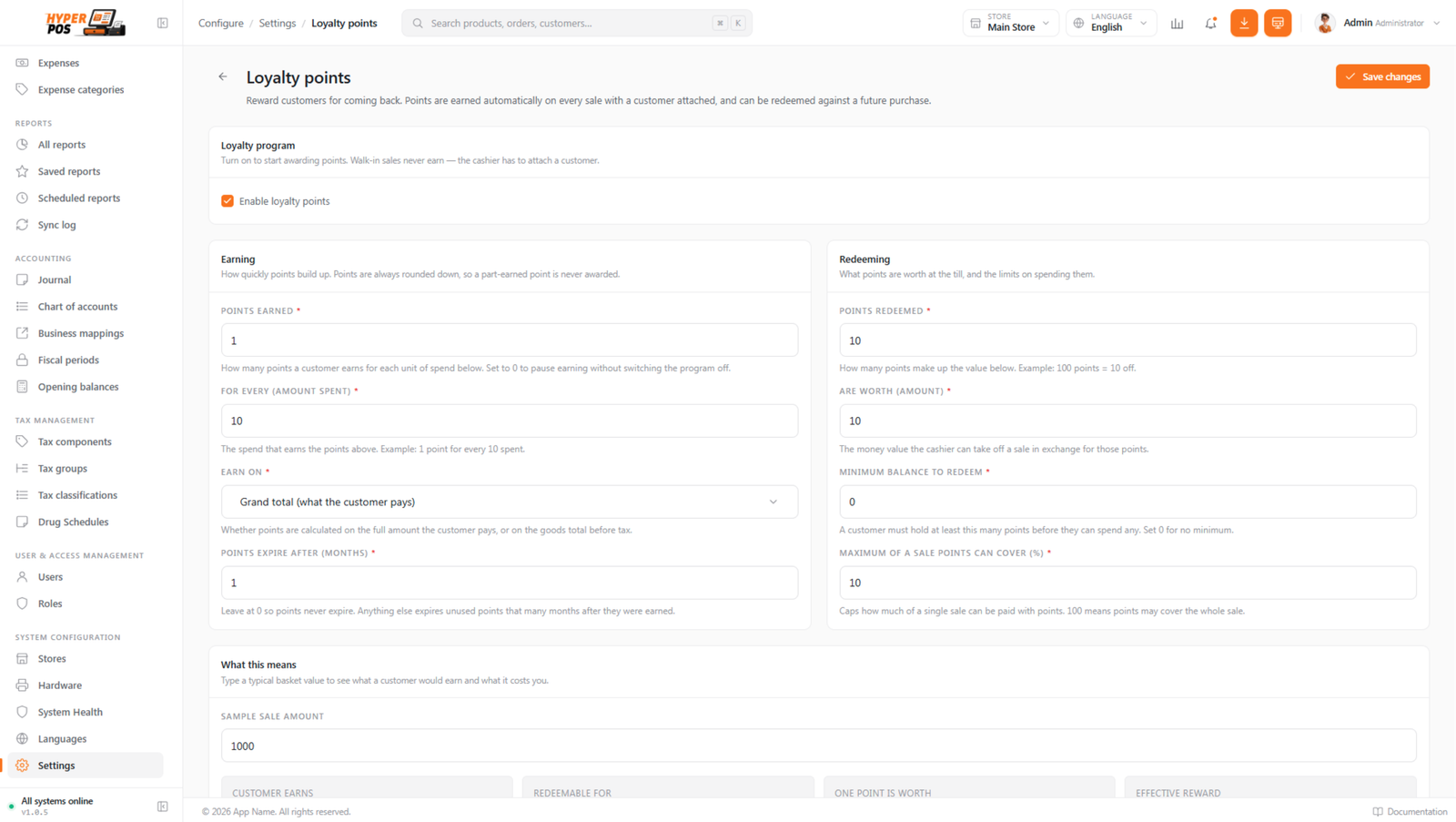The Loyalty points settings page showing earning and redeeming rates with a live preview