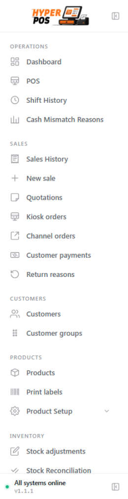 The version 1.1.1 sidebar with Product Setup, Inventory Reports and Accounting Setup groups