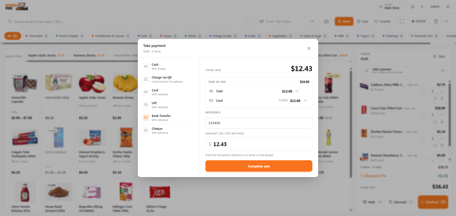 Split tender payment window with a tally strip showing paid and remaining amounts