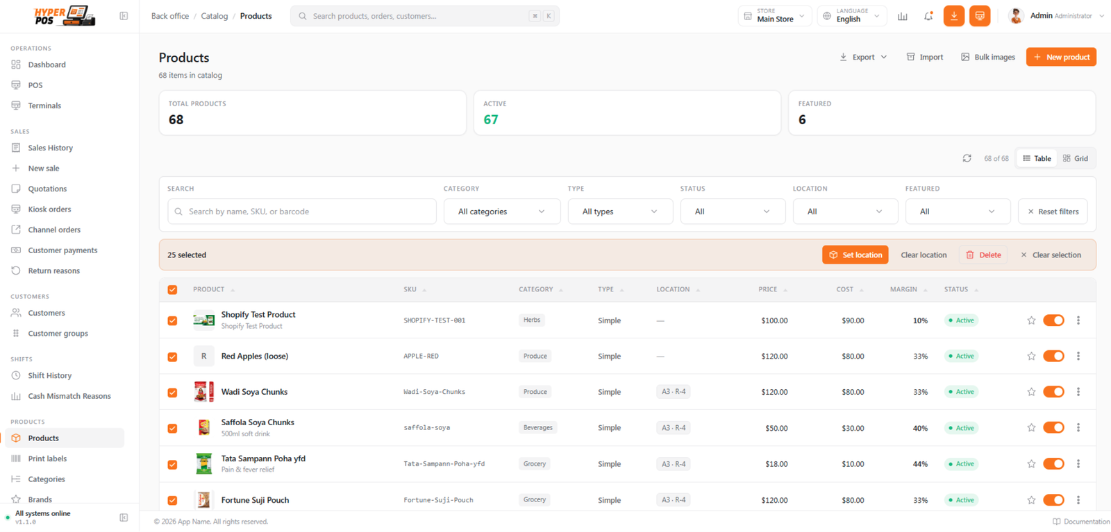 The products table with several rows selected and the bulk Delete action visible