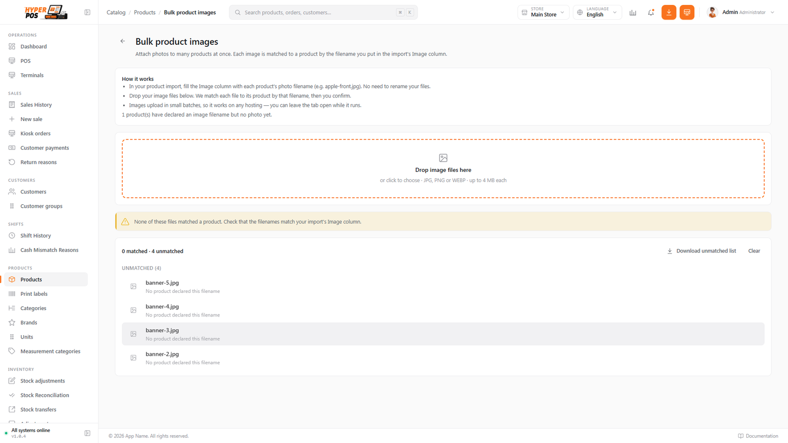 The bulk product images screen showing dropped photos matched to their products, with a matched and unmatched summary before uploading