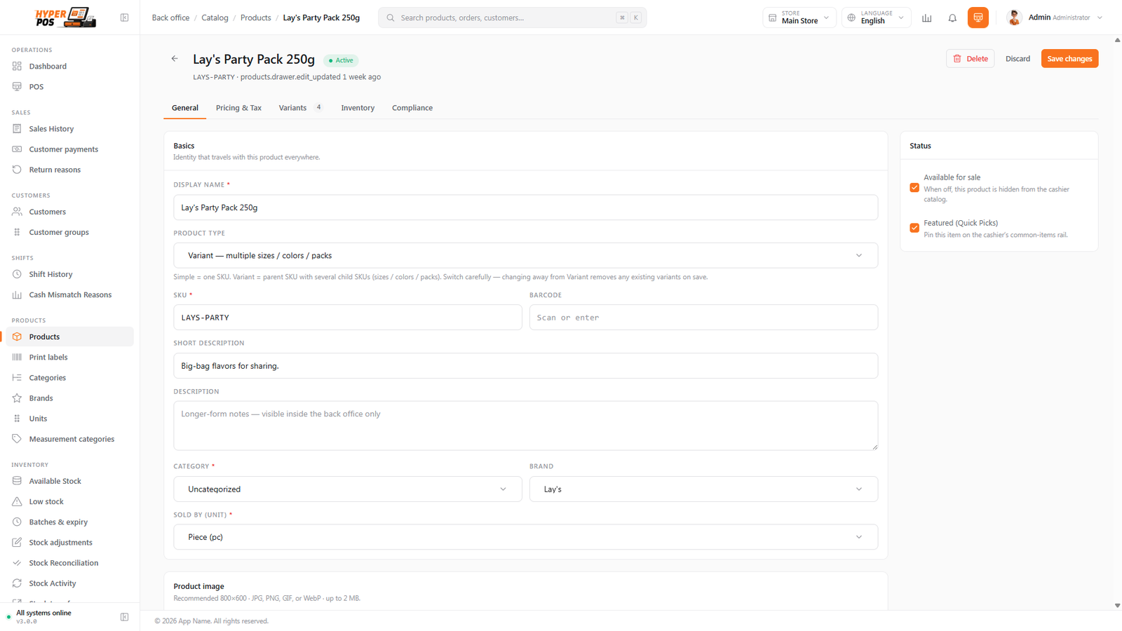 The product edit form with name, code, price, category and tax fields