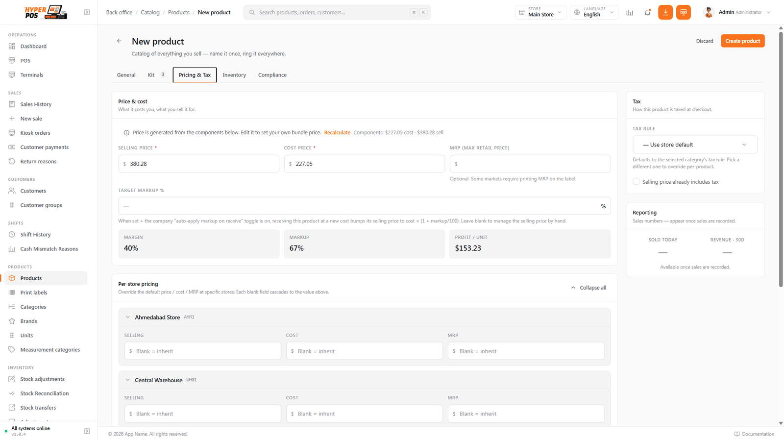 A kit product with its components listed and the price filled in automatically from their combined total, with a Recalculate link