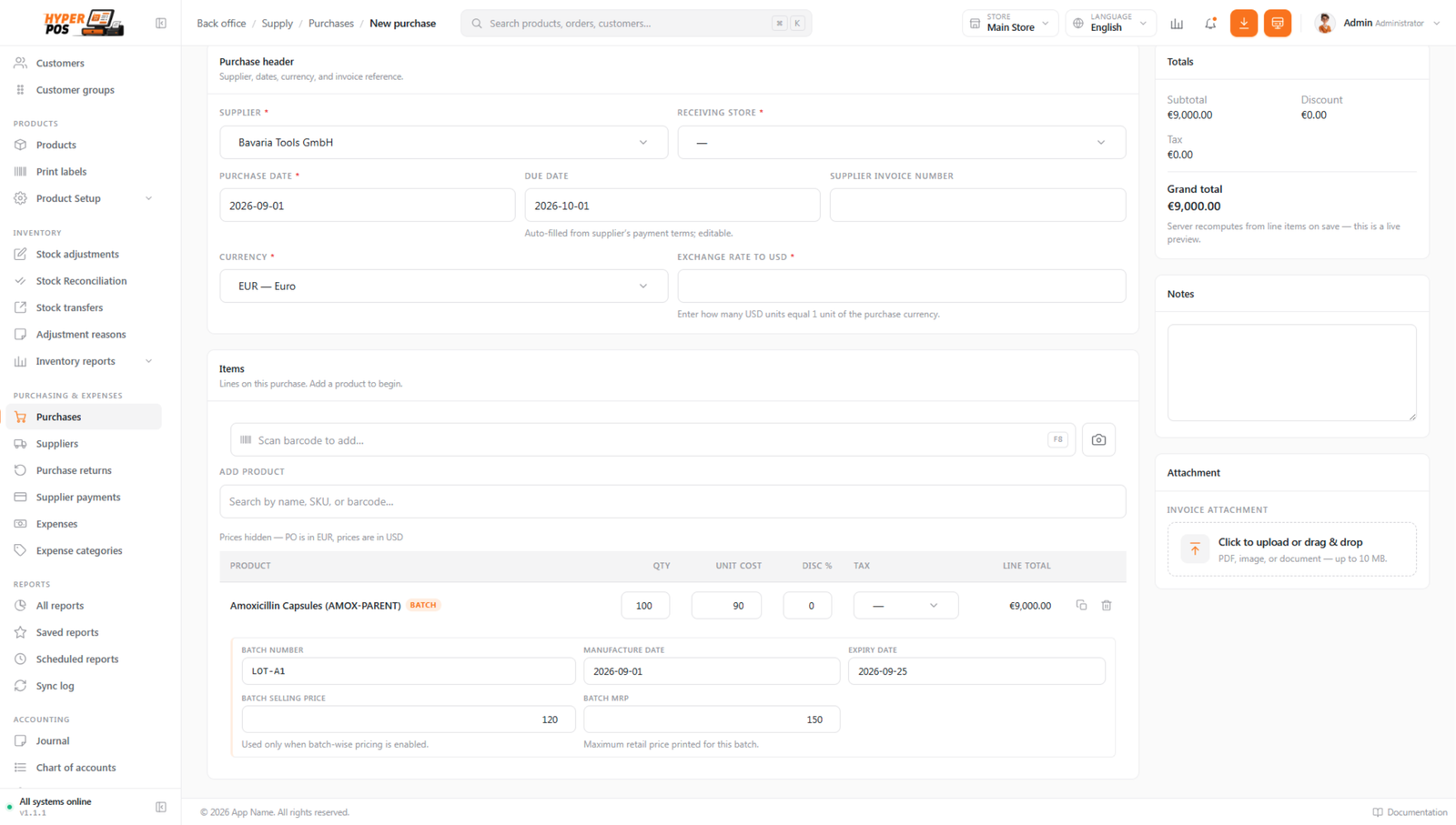 Purchase line for a batch-tracked product showing cost, batch selling price and batch MRP