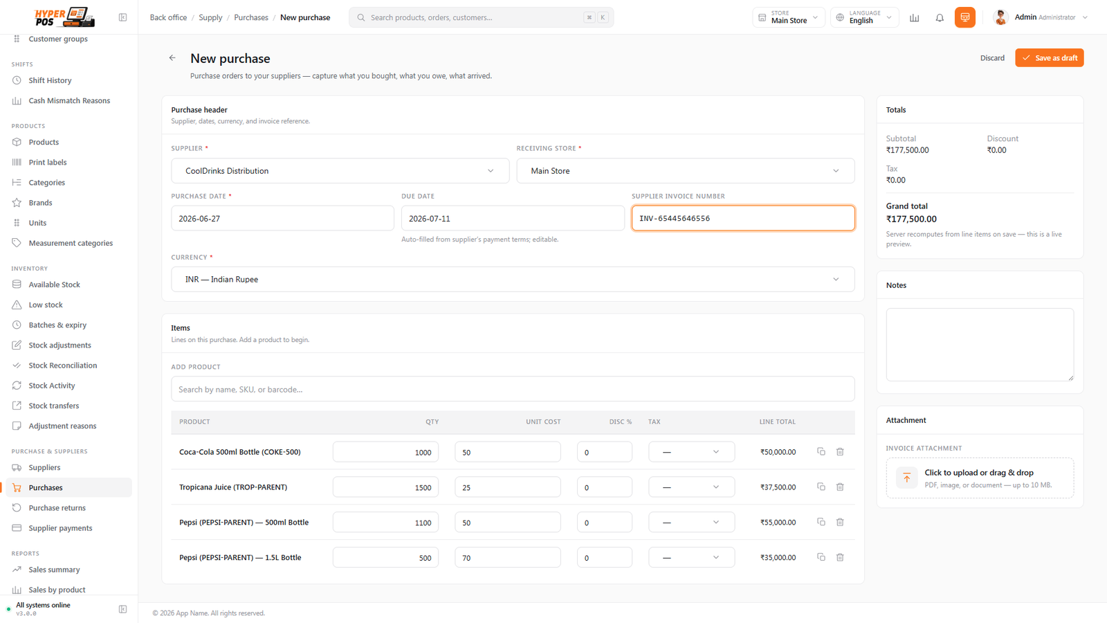 The purchase form with a supplier chosen and a table of items, quantities and cost prices