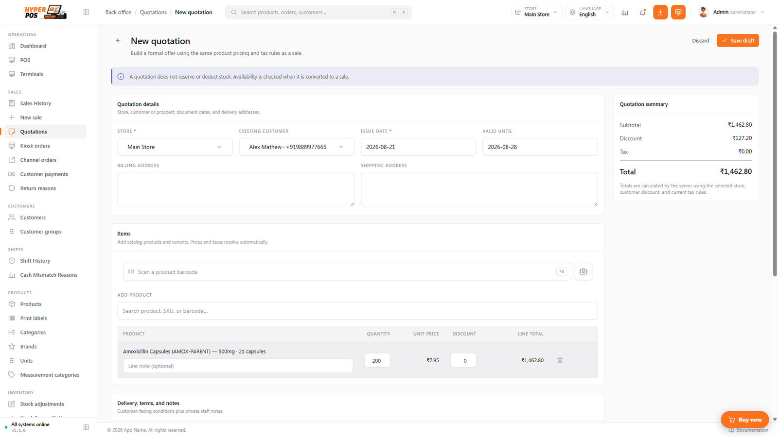 New quotation form with customer details, product lines, validity, terms and totals