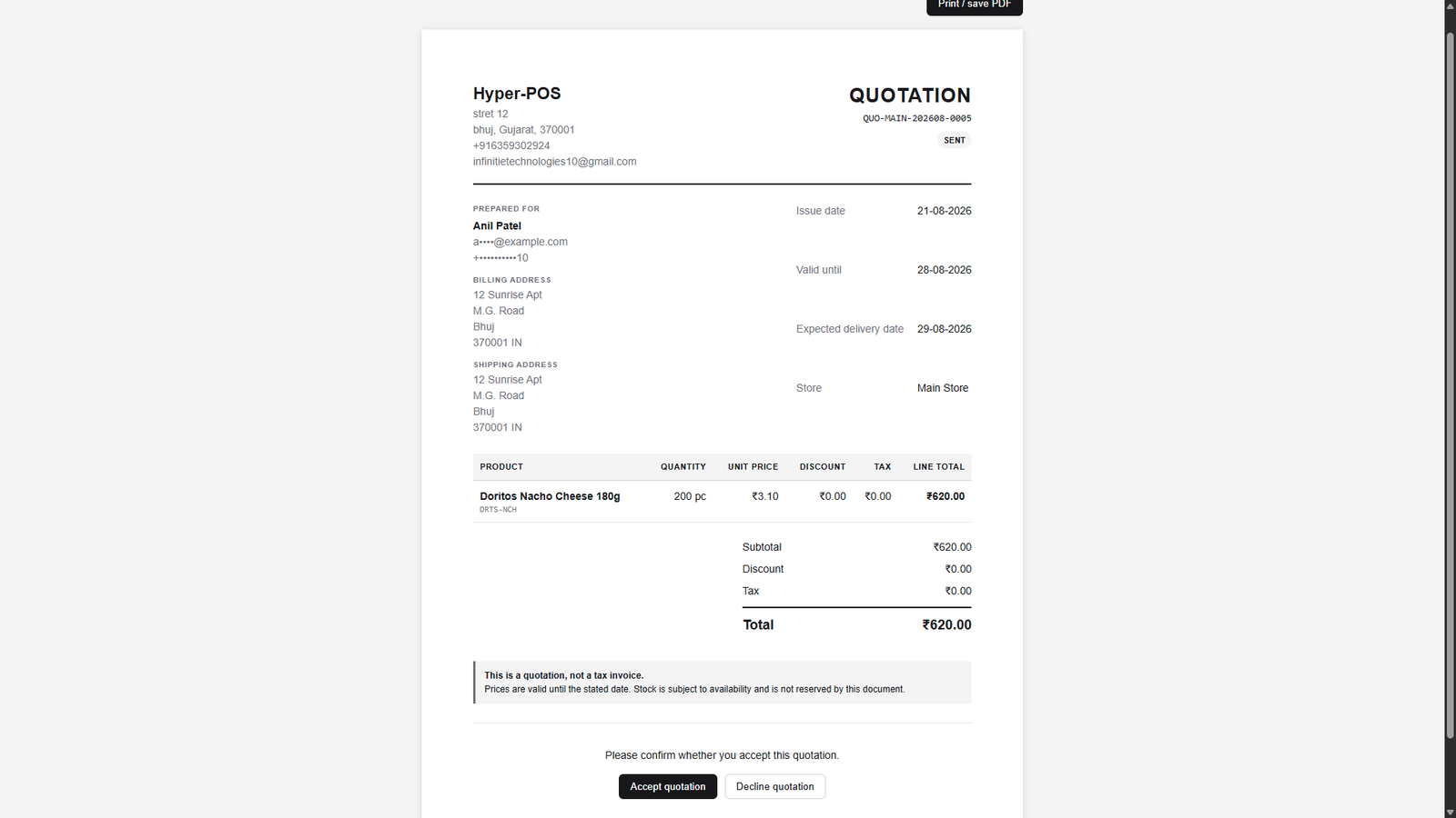 Public customer quotation document with items, totals, validity and accept or decline buttons