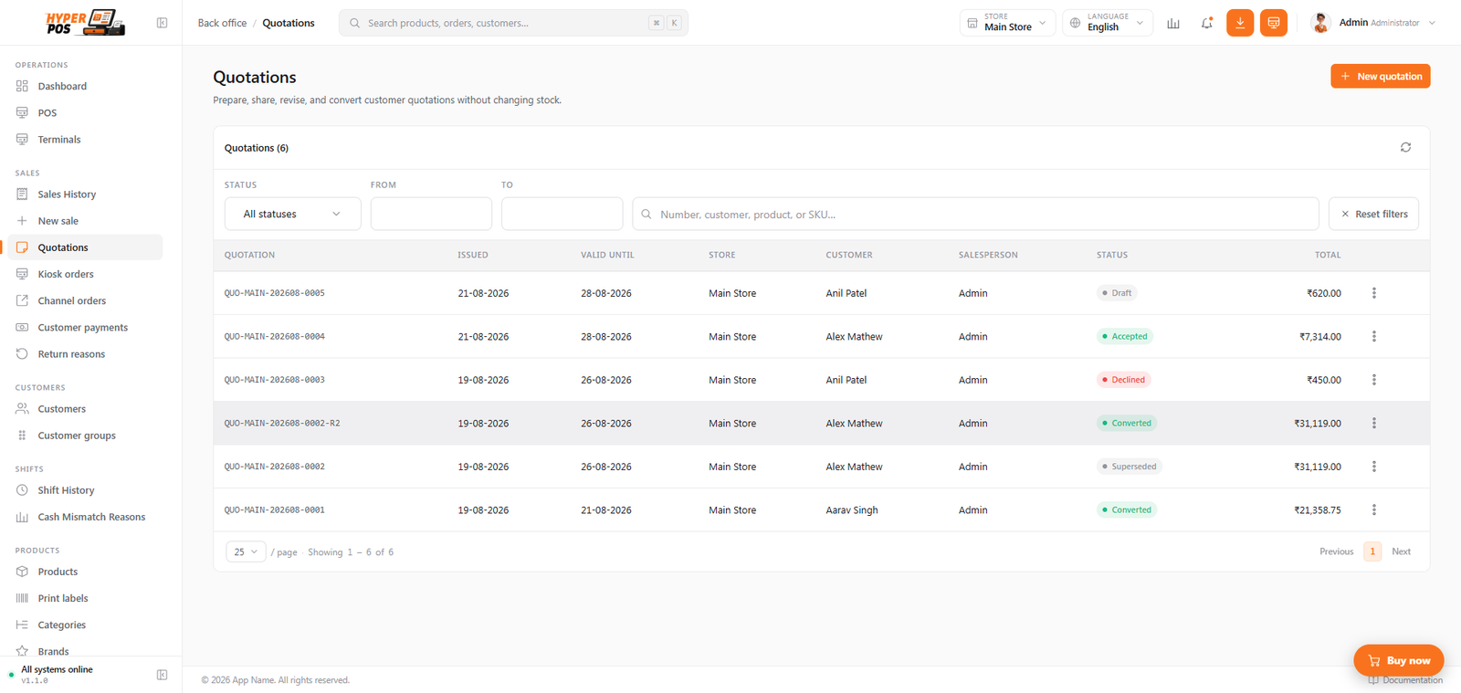 Quotation list with number, customer, store, owner, dates, status and total