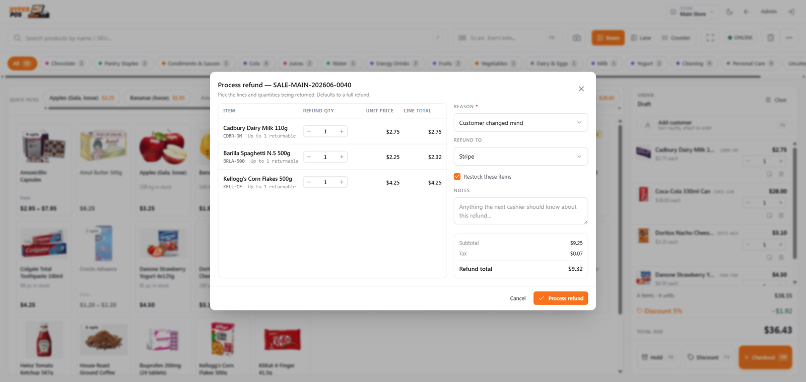 The refund window showing returnable items, quantities, a reason and the refund total