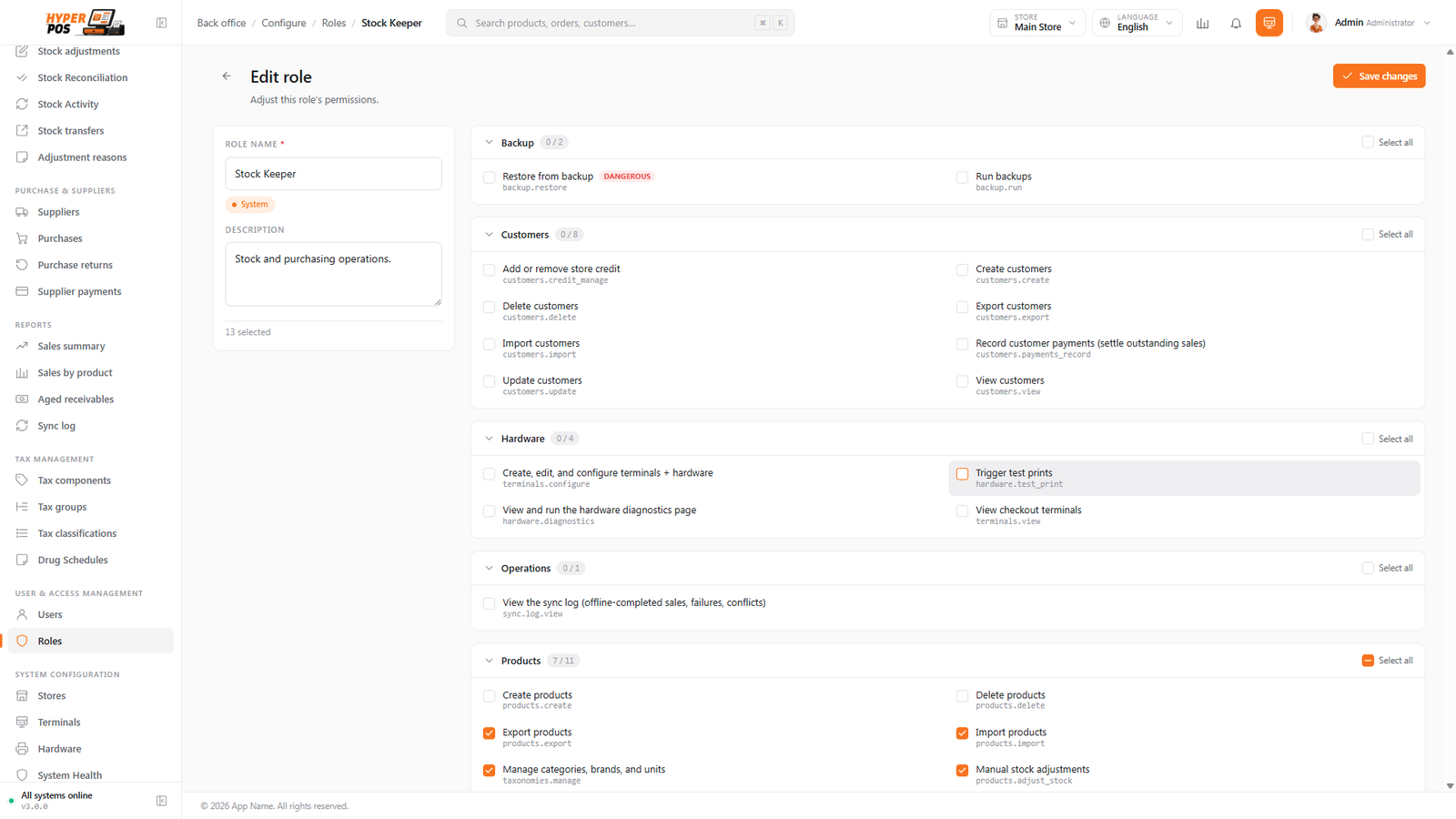The role editor showing a grid of permissions grouped by area
