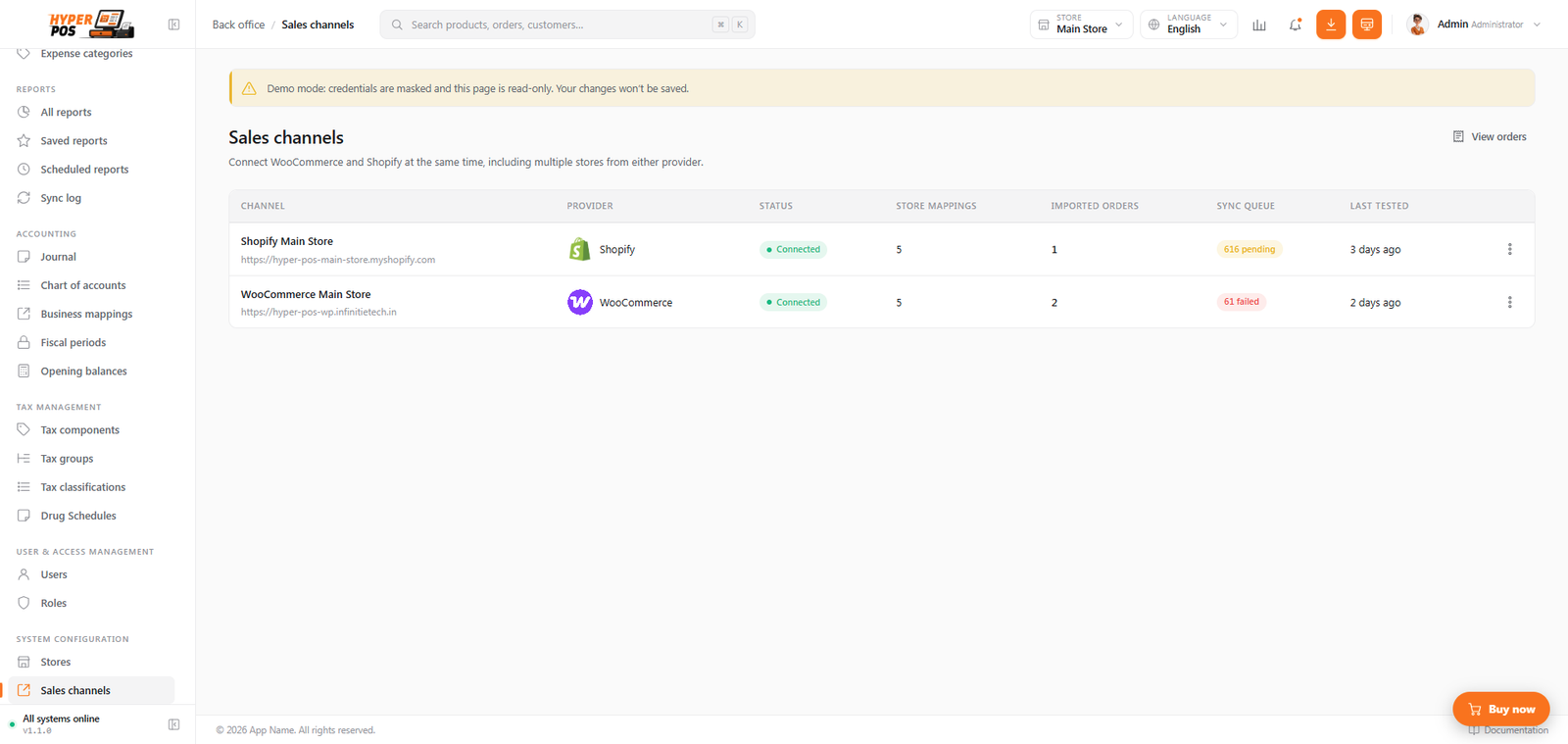 Sales channels page listing connected Shopify and WooCommerce stores with health and synchronization status