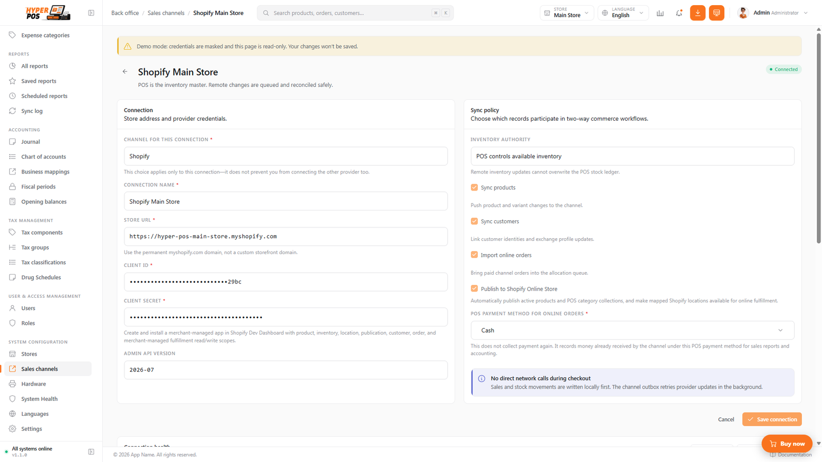 Hyper POS Shopify connection form showing store domain, client credentials and synchronization options