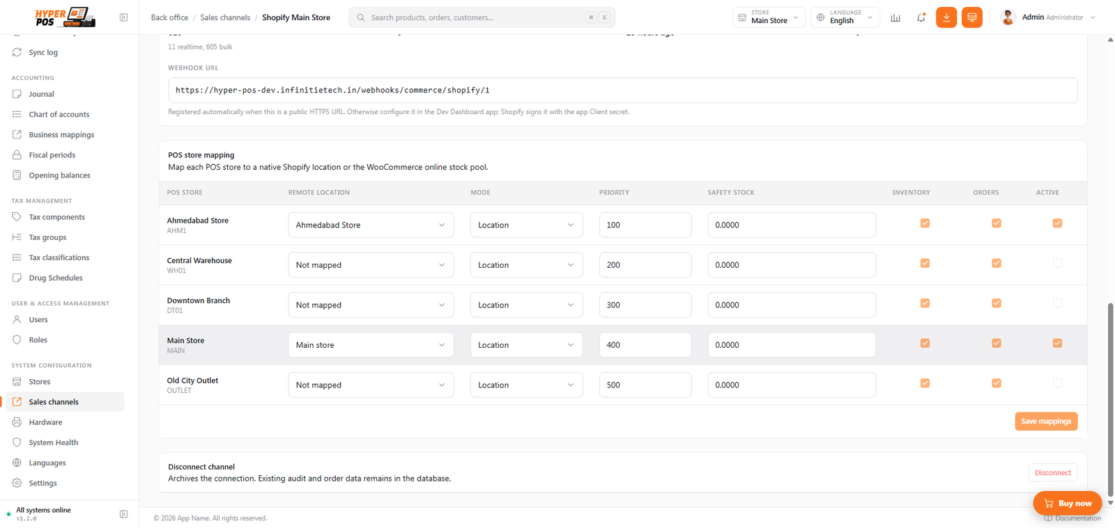 Sales-channel store mapping table with remote locations, inventory modes, priorities and safety stock