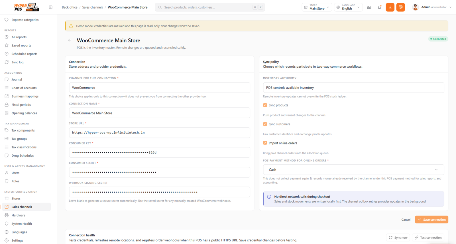 Hyper POS WooCommerce connection form showing site URL, API keys, webhook secret and synchronization options