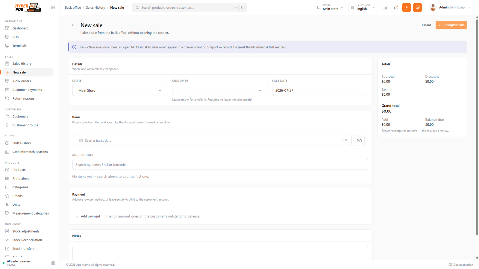 The New sale screen with store, customer, item lines, live totals and payment rows