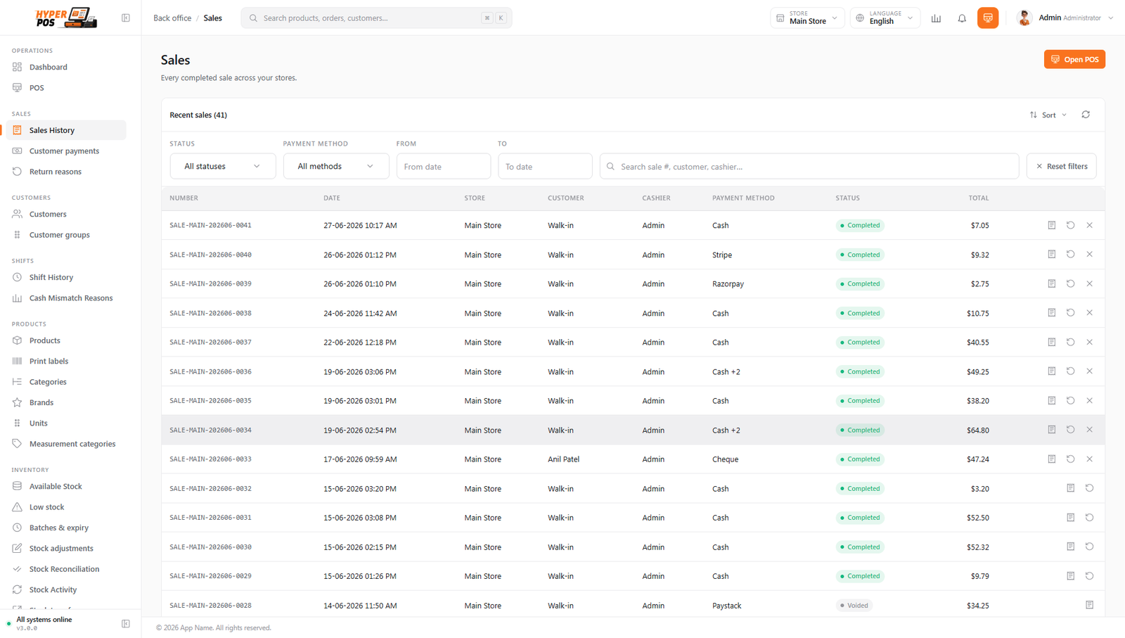 The Sales history list showing sale numbers, dates, customers, totals and status badges