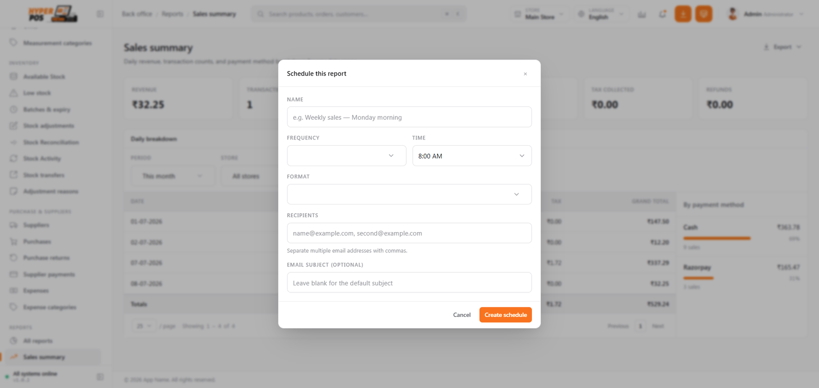 The Schedule this report window with frequency, format and recipient fields