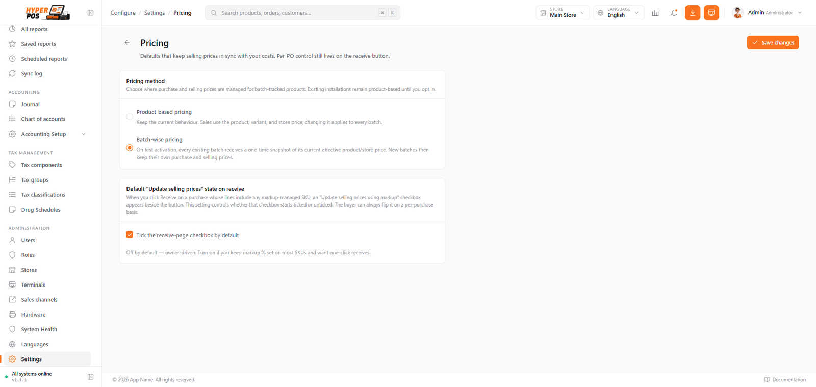 Pricing settings with Batch-wise pricing selected and its initialization guidance