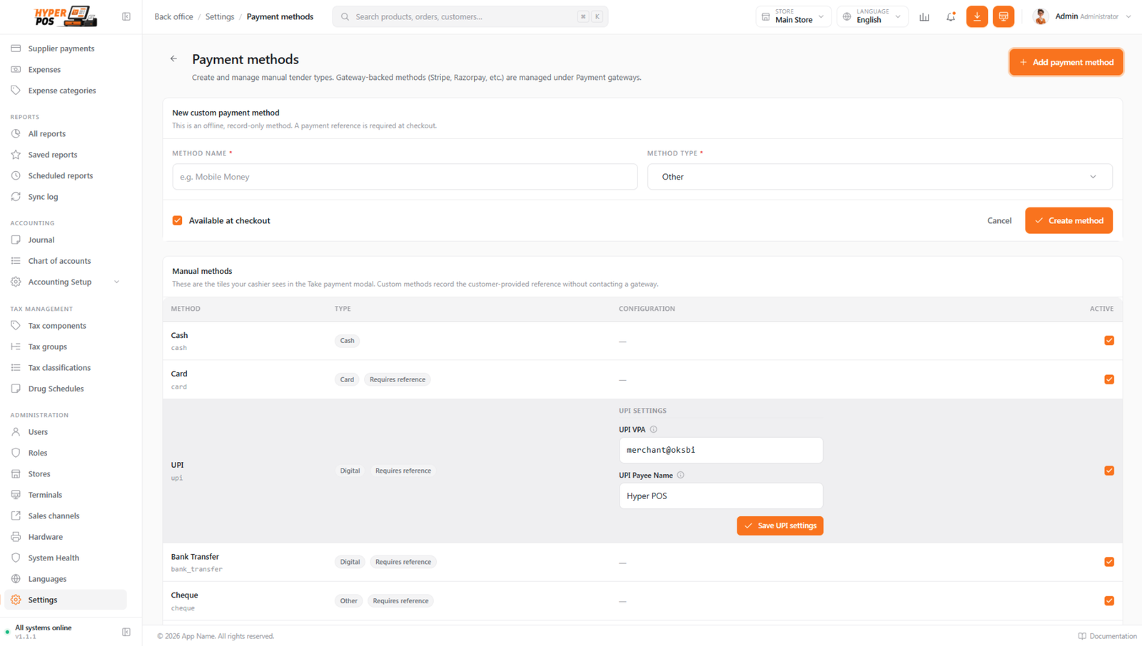 Payment methods settings showing a custom Mobile Money method and its active toggle