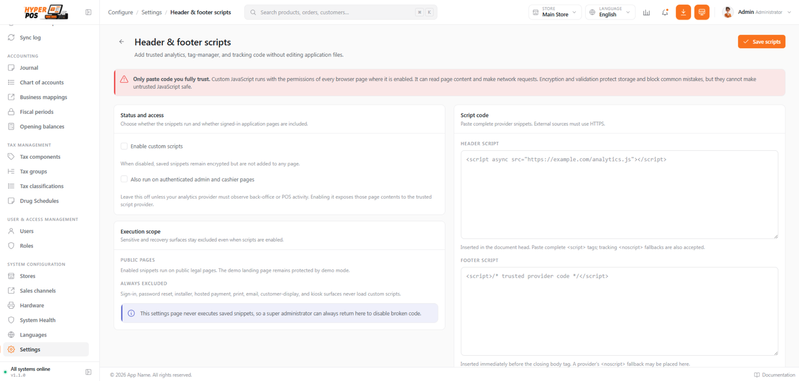 Header and footer scripts settings with scope, code fields and password confirmation