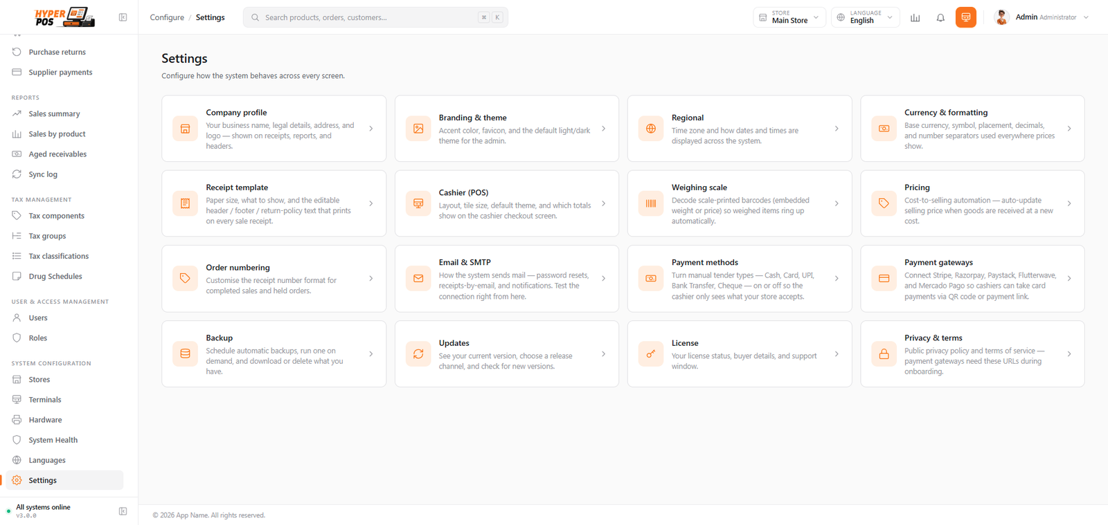 The Settings page showing a grid of setting cards