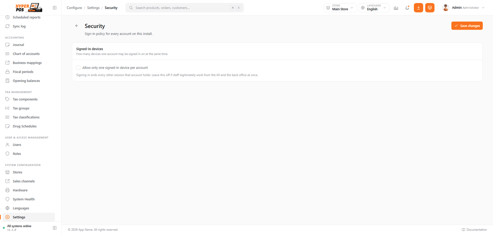 Security settings page with the single active session option