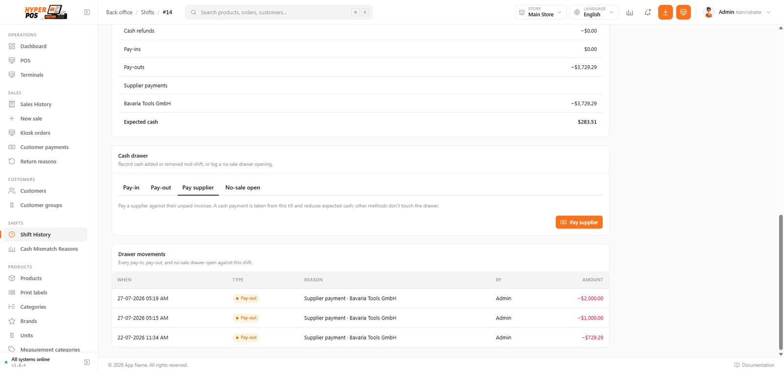 The Pay supplier tab on the cash drawer panel with a supplier selected and unpaid invoices being settled
