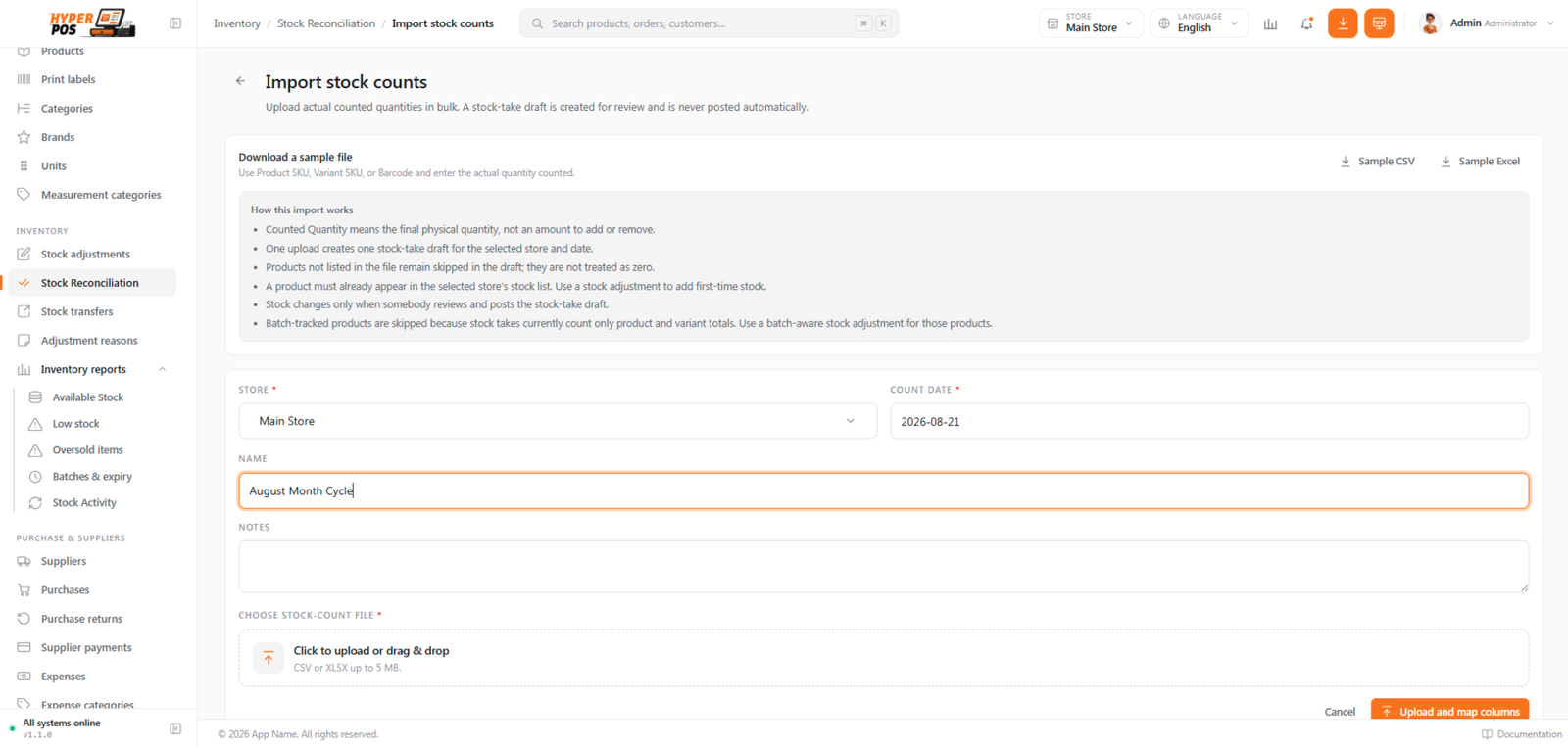 Stock-take spreadsheet import preview with product identifiers and counted quantities