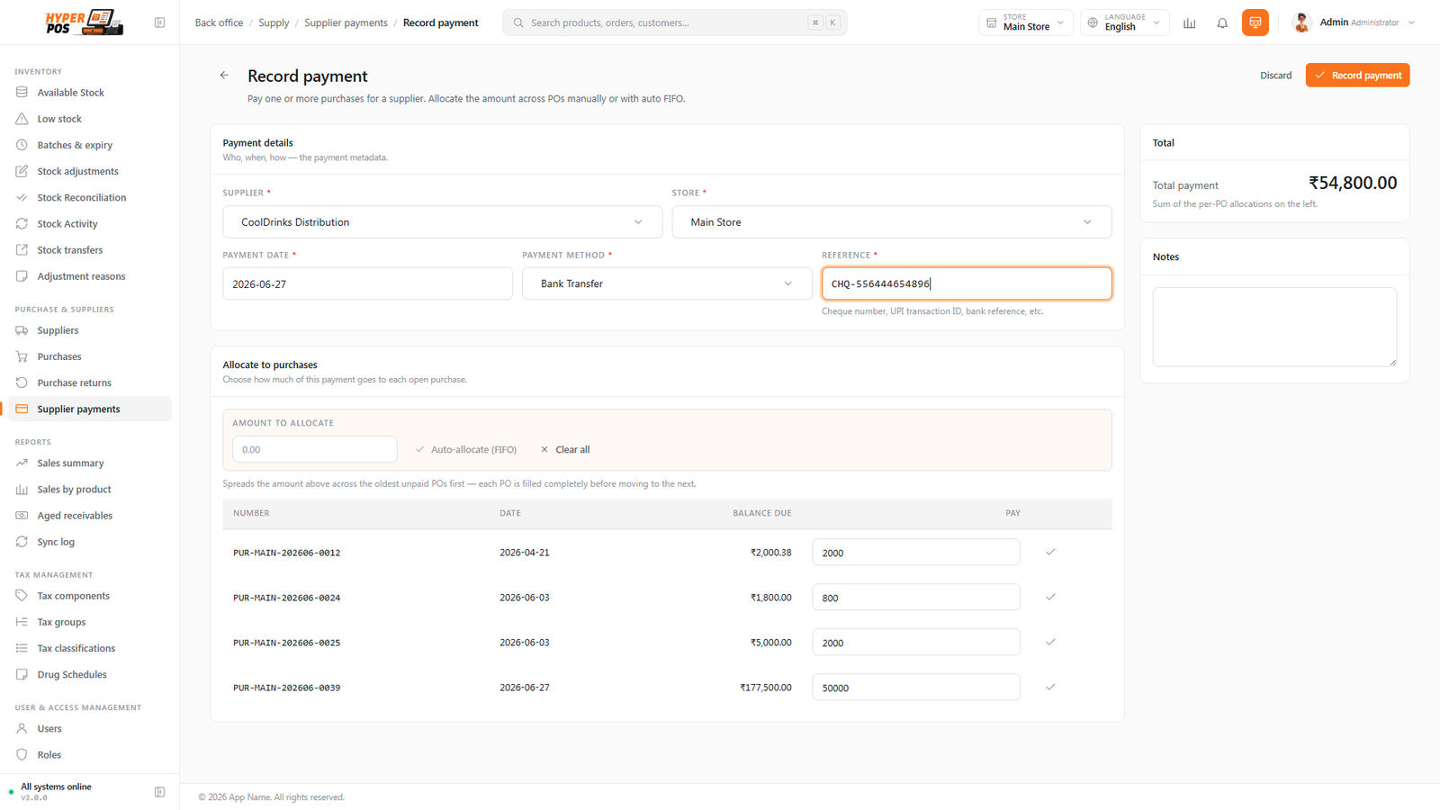The supplier payment form with an amount and a list of unpaid purchases to allocate against