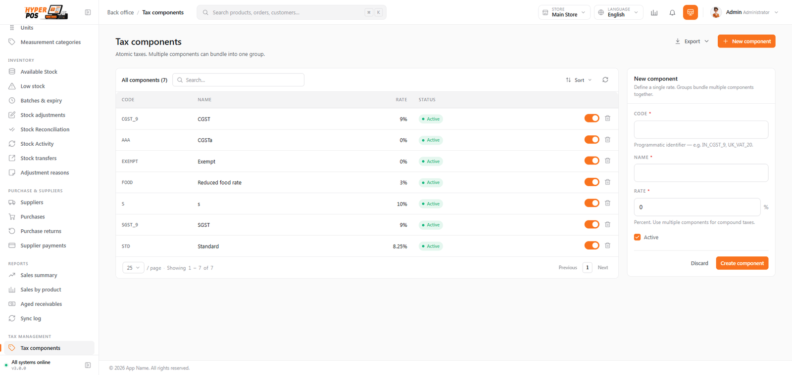 The Tax components screen listing individual taxes and their rates