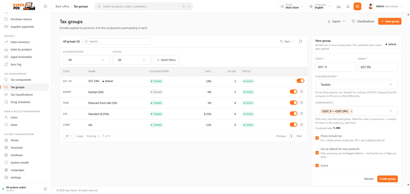 The Tax groups screen showing components bundled together