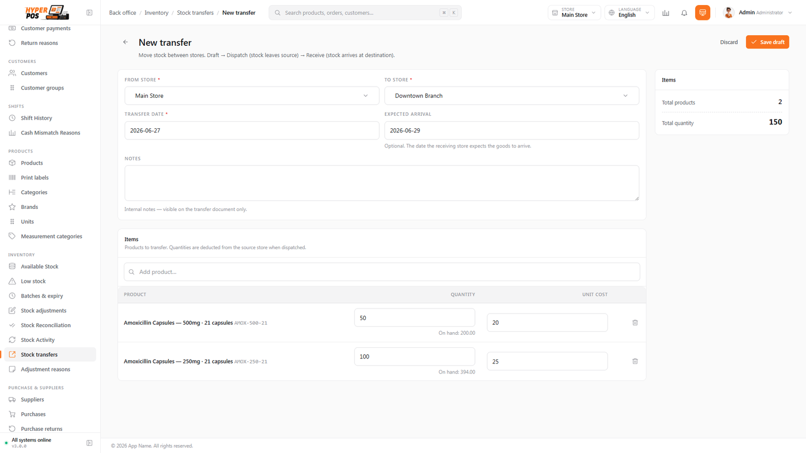 The create stock transfer screen with a destination store and product lines